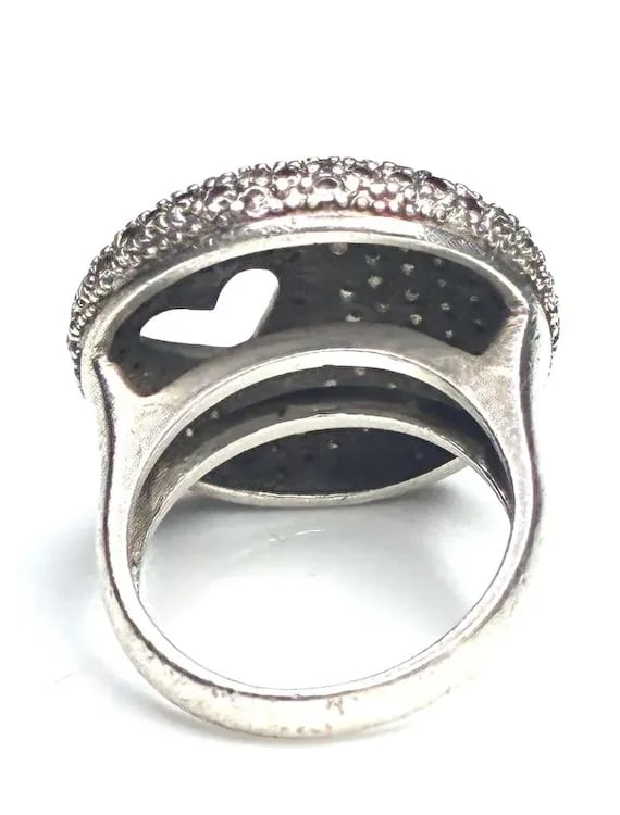 Estate Oversized Sterling Silver Round Pave Heart Cutout Ring - 3