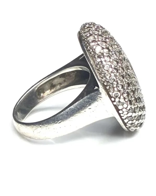 Estate Oversized Sterling Silver Round Pave Heart Cutout Ring - 4