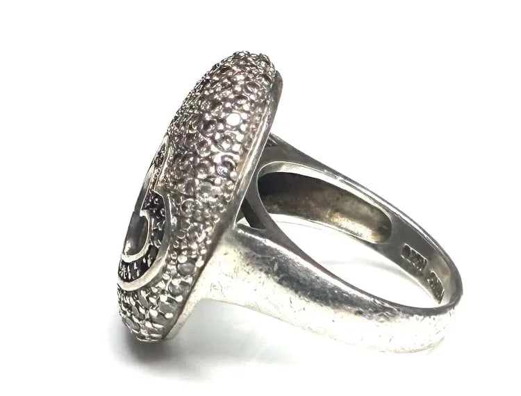 Estate Oversized Sterling Silver Round Pave Heart Cutout Ring - 5