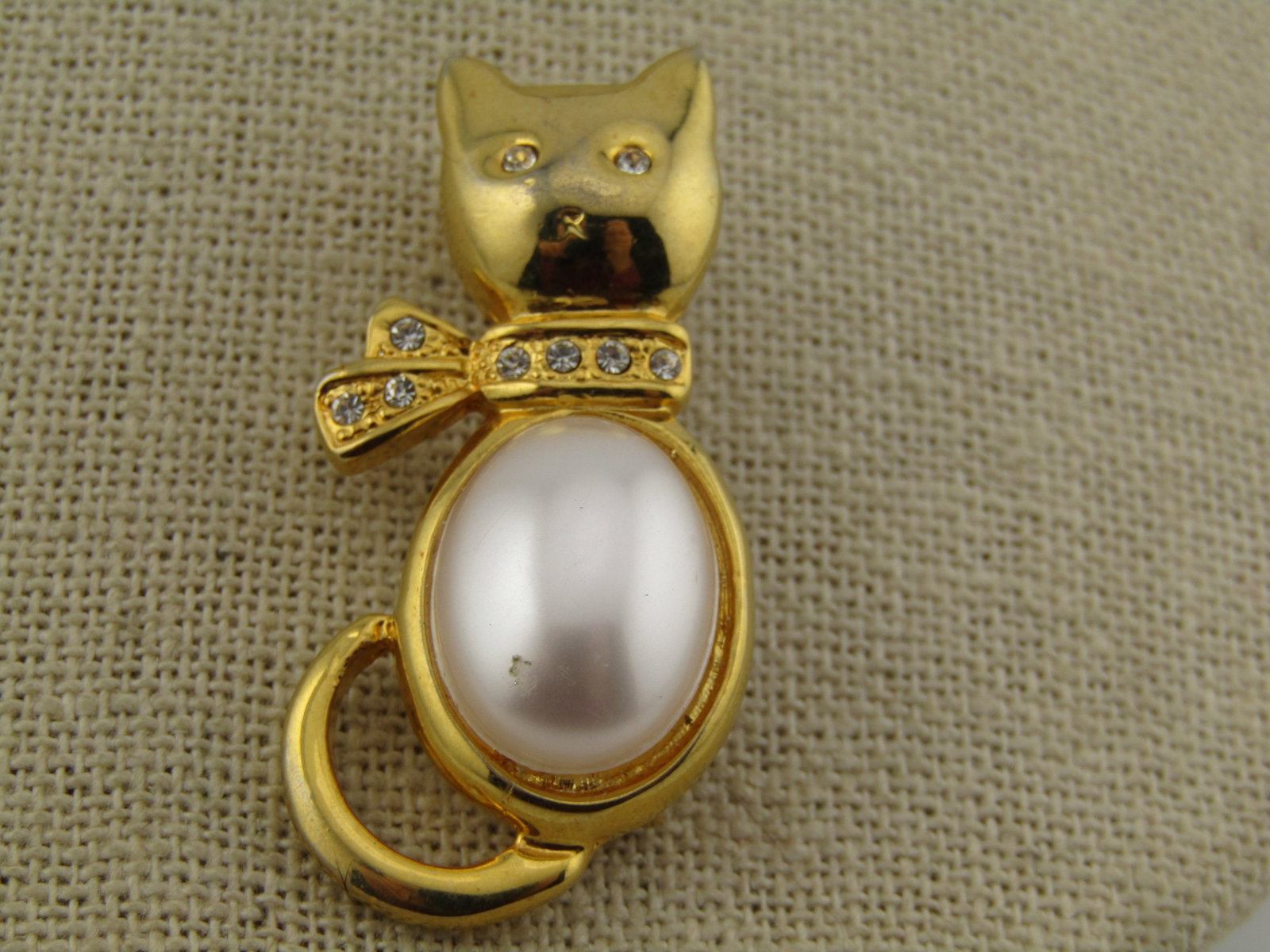 Vintage Cat Brooch, Faux Pearls/Rhinestones, 1980's - 2