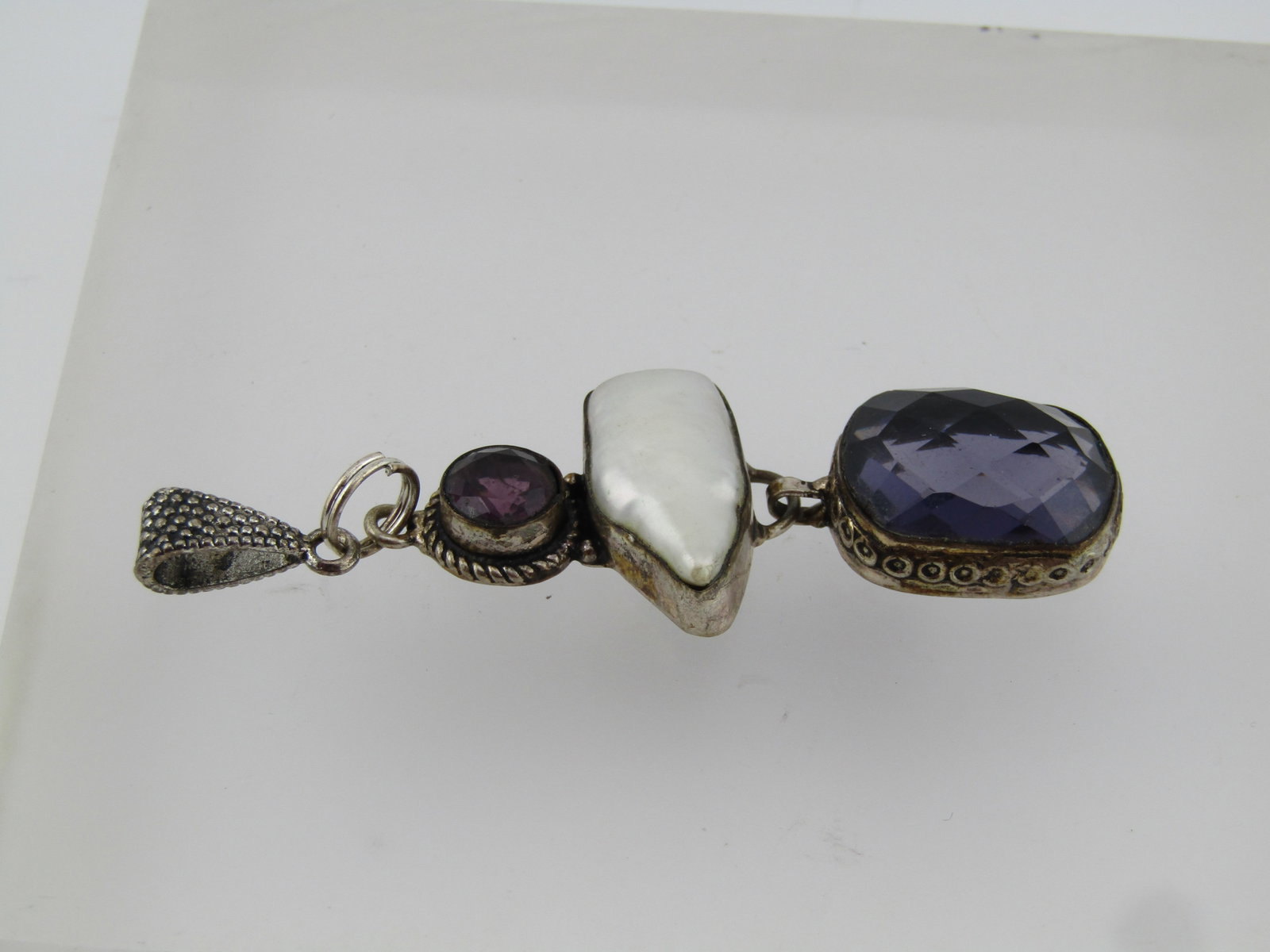 Silver Plated Pearl, Purple Glass Drop Pendant, 1980's-1990's - 2