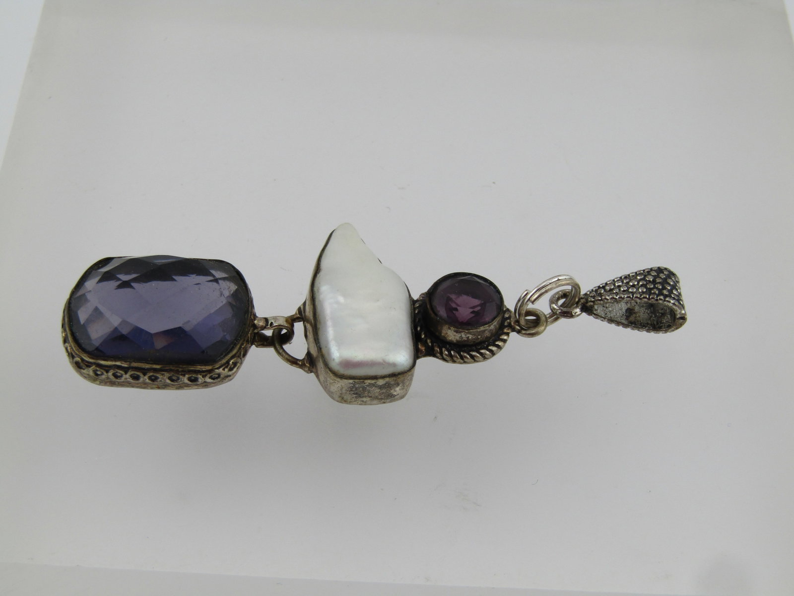 Silver Plated Pearl, Purple Glass Drop Pendant, 1980's-1990's - 3