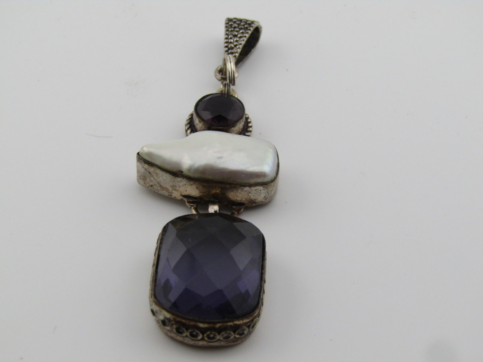 Silver Plated Pearl, Purple Glass Drop Pendant, 1980's-1990's - 5