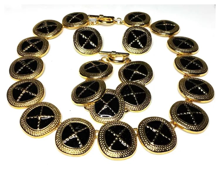 Vintage Park Lane Criss Cross Black Enamel Gold Tone Necklace, Bracelet, and Earring Set - 2
