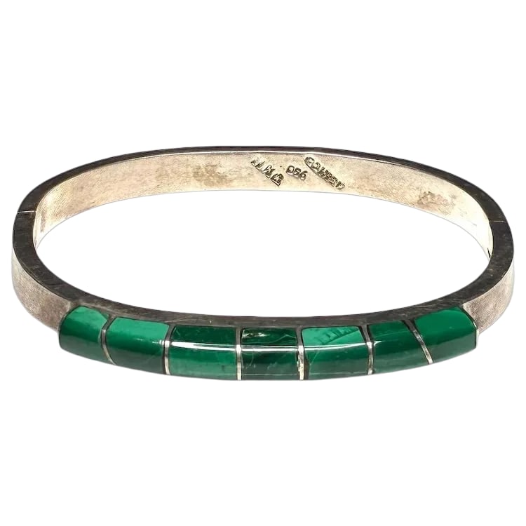 Vintage Mexican Taxco Sterling SIlver and Malachite Inlay Bangle Bracelet (1 of 8)