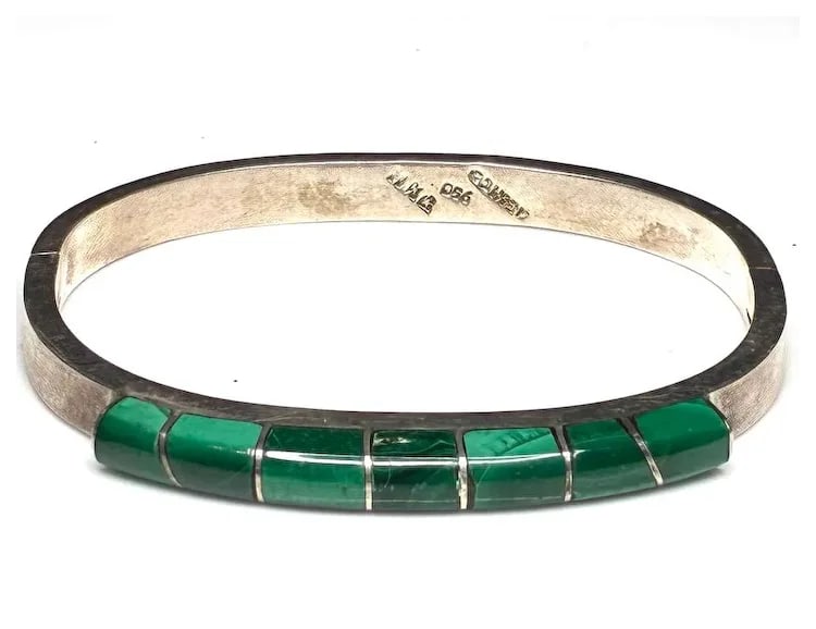 Vintage Mexican Taxco Sterling SIlver and Malachite Inlay Bangle Bracelet - 2