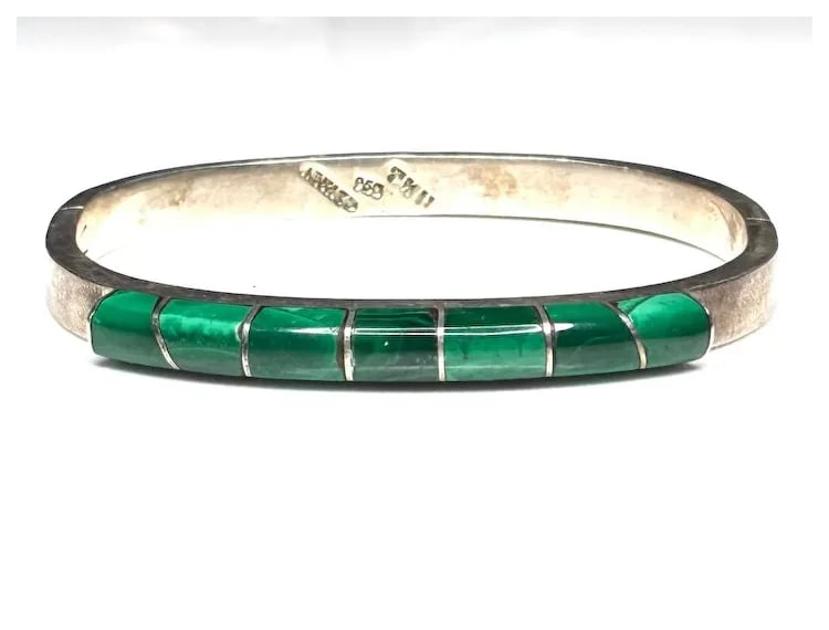 Vintage Mexican Taxco Sterling SIlver and Malachite Inlay Bangle Bracelet - 4