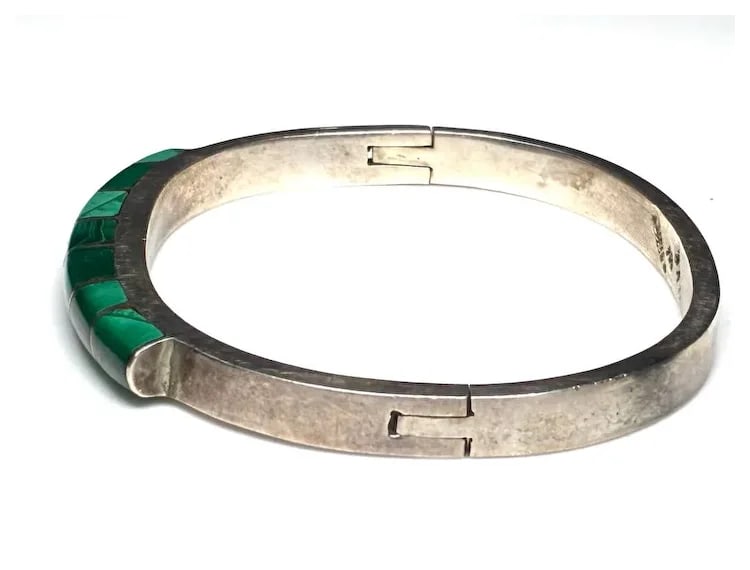 Vintage Mexican Taxco Sterling SIlver and Malachite Inlay Bangle Bracelet - 5