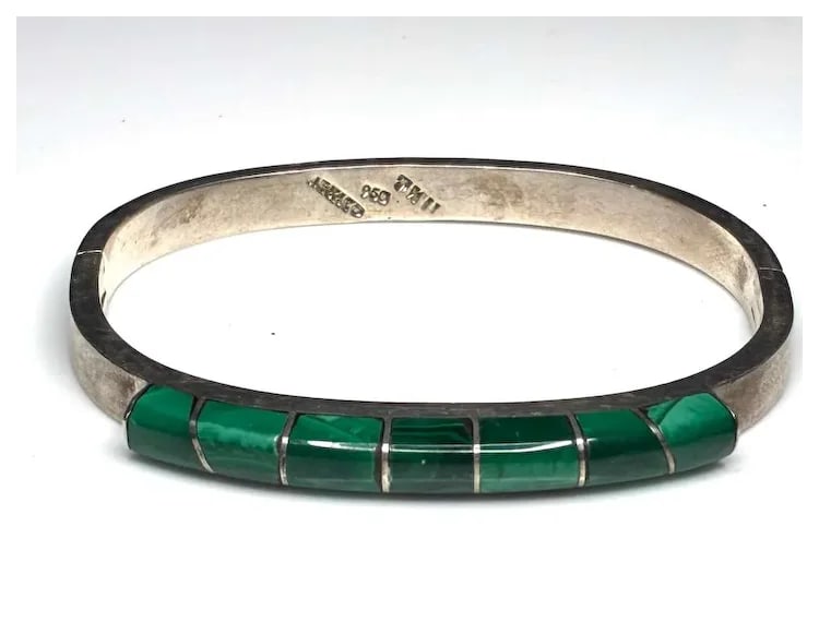 Vintage Mexican Taxco Sterling SIlver and Malachite Inlay Bangle Bracelet - 6