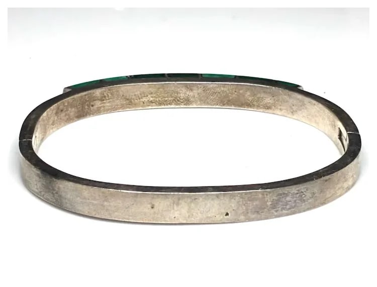 Vintage Mexican Taxco Sterling SIlver and Malachite Inlay Bangle Bracelet - 7