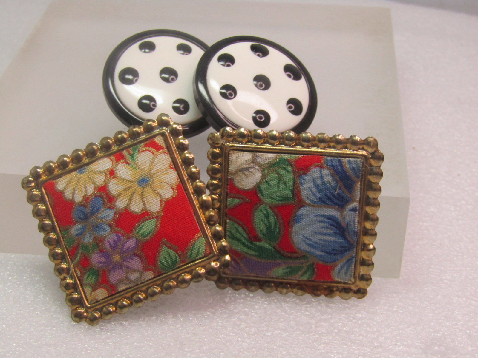 Vintage Two Pair of 1980's Earrings, Floral/Dotted, Pierced - 2
