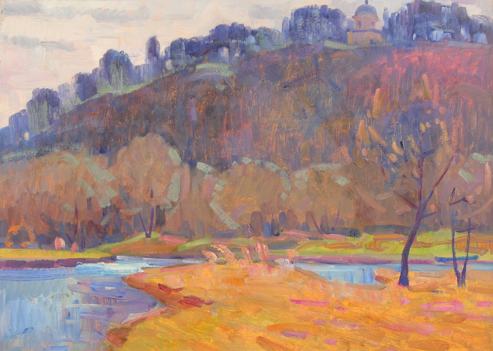Tyukha Ivan (Ukrainian artist), "By the river", oil on cardboard: Title: Tyukha Ivan (Ukrainian artist), "By the river", oil on cardboard Description: ARTIST: Tyukha Ivan Andriyovich, Ukrainian artist TITLE: "By the river" SIZE: 50 x 70 cm, (19 3/4 x 27 2/4 in.)