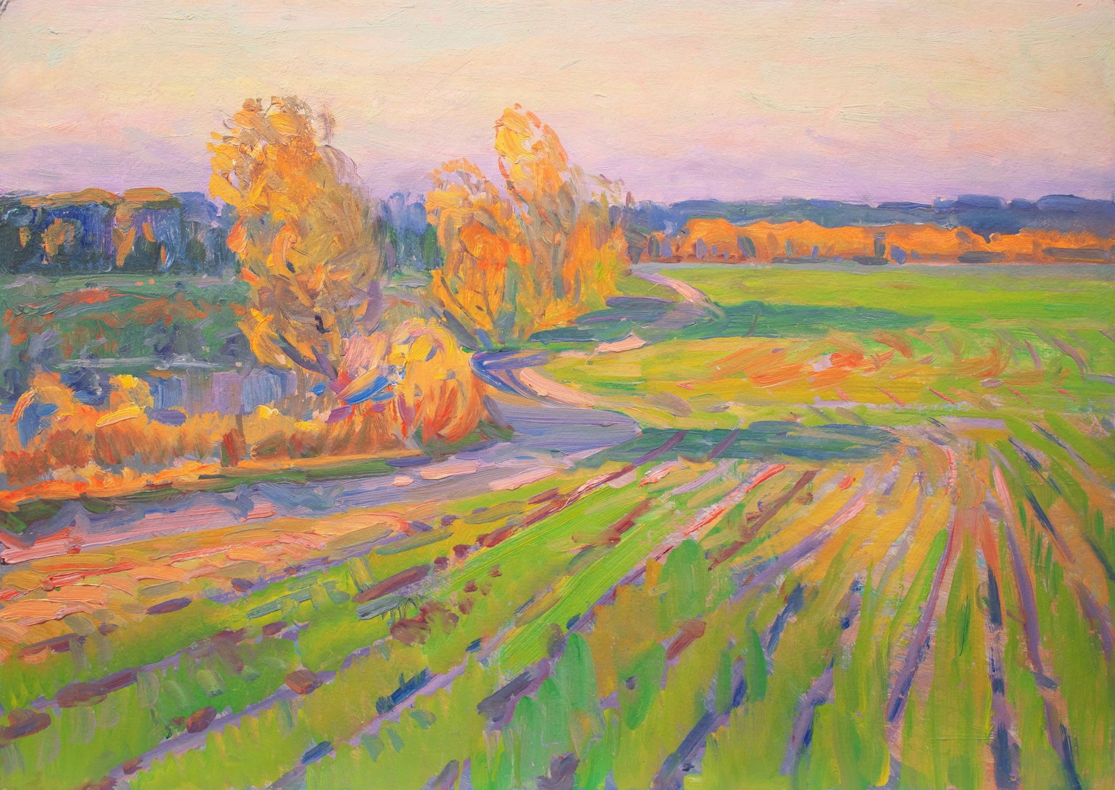 Tyukha Ivan (Ukrainian artist), "Evening in the field", oil on cardboard: Title: Tyukha Ivan (Ukrainian artist), "Evening in the field", oil on cardboard Description: ARTIST: Tyukha Ivan Andriyovich, Ukrainian artist TITLE: "Evening in the field" SIZE: 50 x 70 cm, (19 3/4