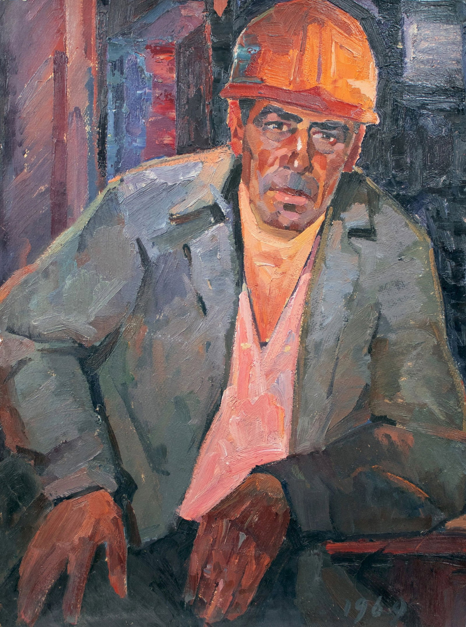 Mynka Olexandr (Ukrainian artist), "Working", oil on cardboard: Title: Mynka Olexandr (Ukrainian artist), "Working", oil on cardboard Description: ARTIST: Mynka Olexandr Fedorovich, Ukrainian artist TITLE: "Working" SIZE: 73 x 55 cm, (28 3/4 x 21 3/4 in.) MEDIUM: