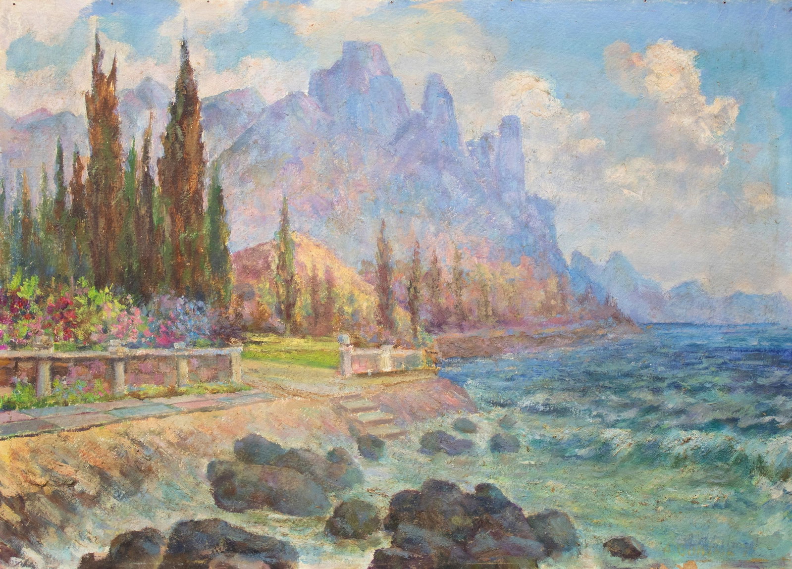 Svytuk (Ukrainian artist), "Crimean coast", oil on canvas on cardboard: Title: Svytuk (Ukrainian artist), "Crimean coast", oil on canvas on cardboard Description: ARTIST: Svytuk A., Ukrainian artist TITLE: "Crimean coast" SIZE: 50 x 70 cm, (19 3/4 x 27 2/4 in.) MEDIUM:
