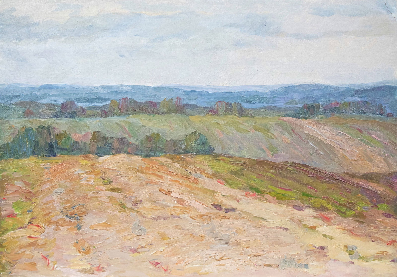 Mynka Olexandr (Ukrainian artist), "Fields", oil on cardboard: Title: Mynka Olexandr (Ukrainian artist), "Fields", oil on cardboard Description: ARTIST: Mynka Olexandr Fedorovich, Ukrainian artist TITLE: "Fields" SIZE: 35 x 50 cm, (13 3/4 x 19 3/4 in.) MEDIUM: oi