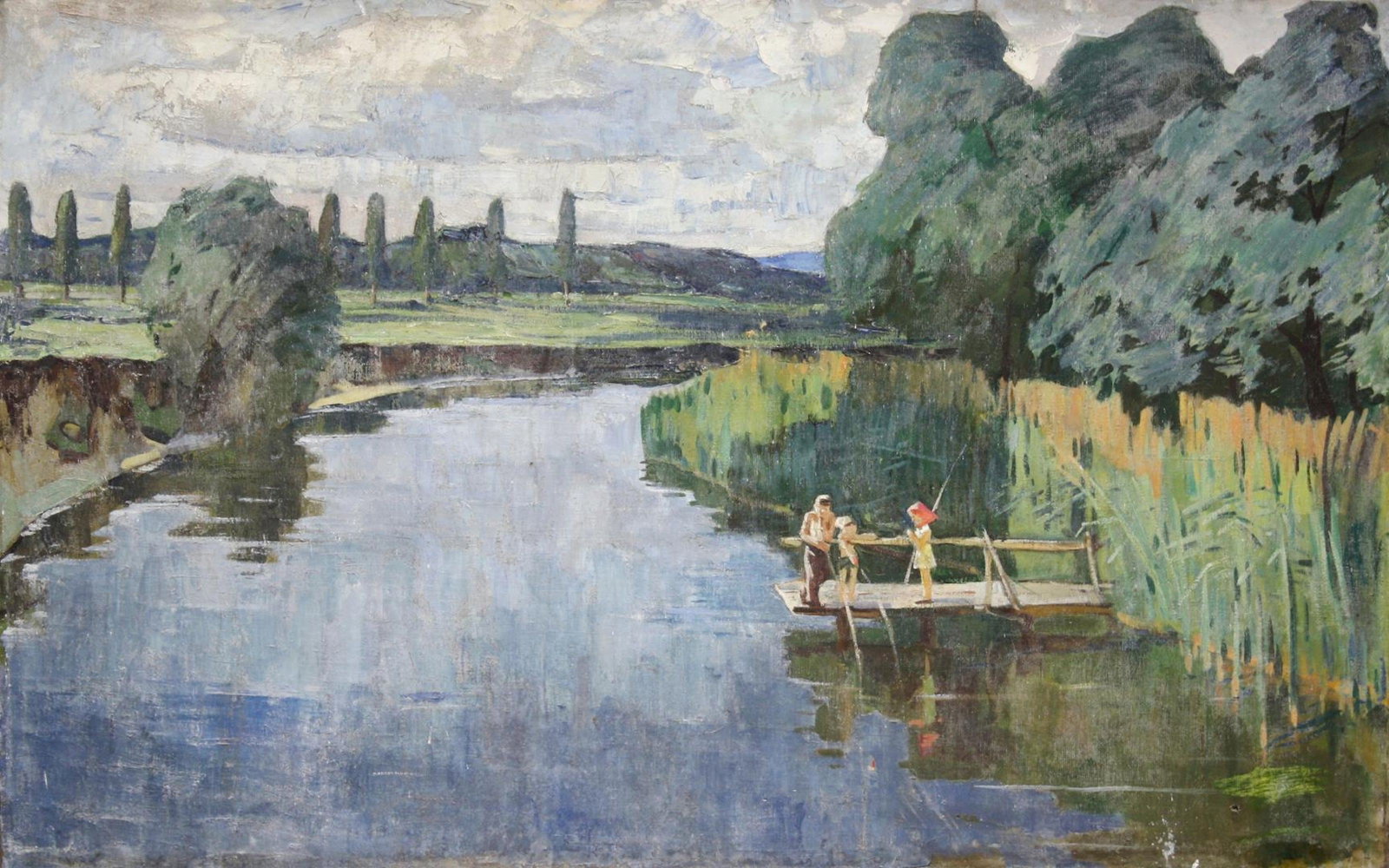 Unidentified (Ukrainian artist), "Fishermen", oil on canvas: Title: Unidentified (Ukrainian artist), "Fishermen", oil on canvas Description: ARTIST: Unidentified Artist TITLE: "Fishermen" SIZE: 120 x 189 cm, (47 1/4 x 74 2/4 in.) MEDIUM: oil on canvas YEAR OF