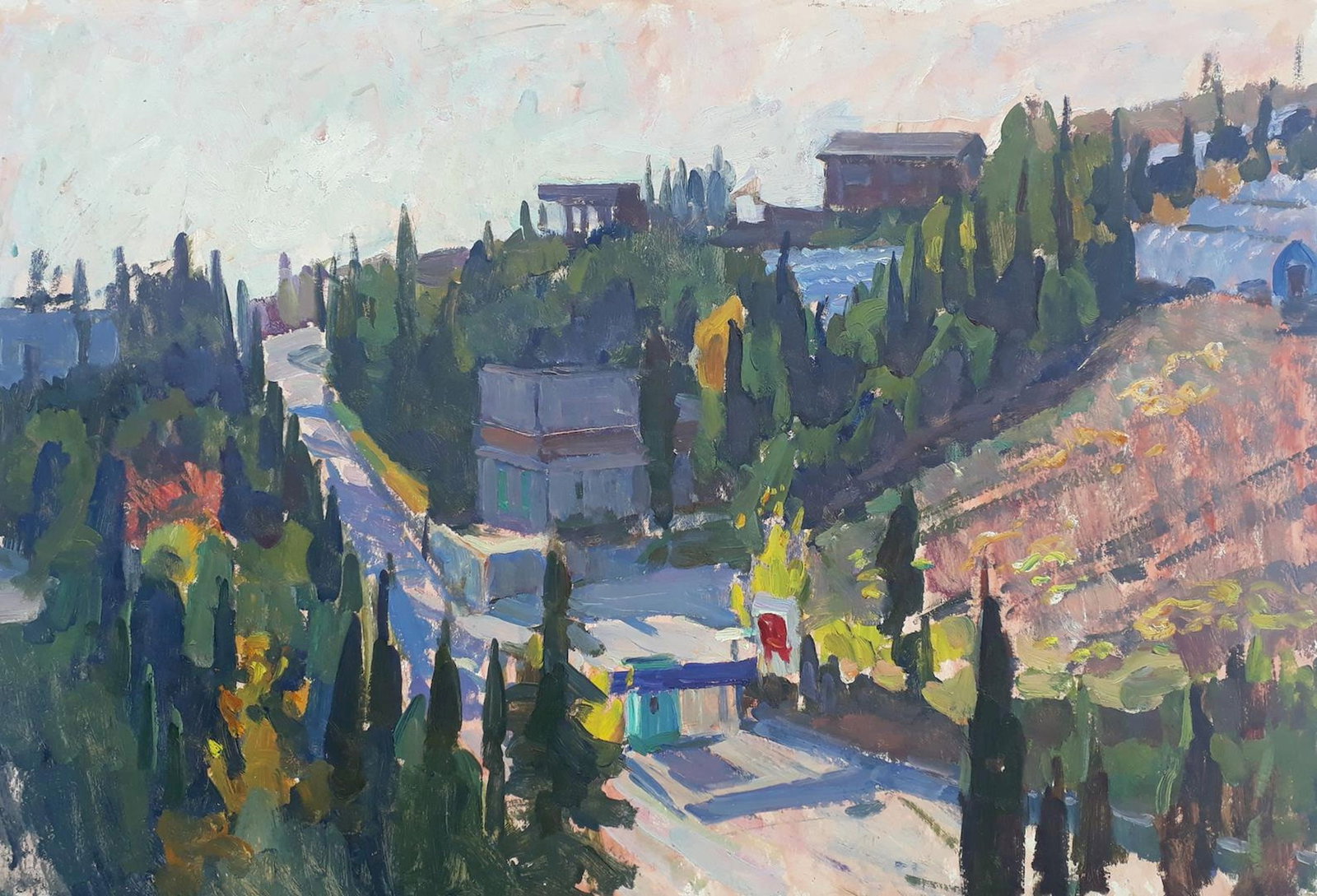 Sogoyan Vira (Ukrainian artist), "Crimean street (two-sided)", oil on cardboard: Title: Sogoyan Vira (Ukrainian artist), "Crimean street (two-sided)", oil on cardboard Description: ARTIST: Sogoyan Vira Sogomonivna, Ukrainian artist TITLE: "Crimean street (two-sided)" SIZE: 47 x