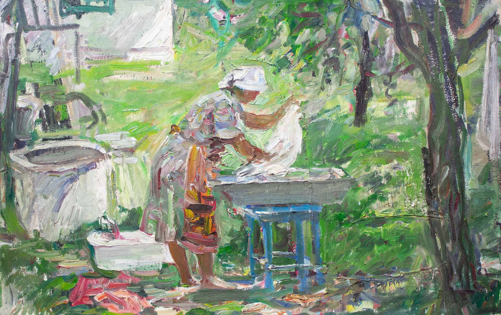 Makatukha Vasyl (Ukrainian artist), "Laundry / home village (two-sided)", oil on cardboard (1 of 4)