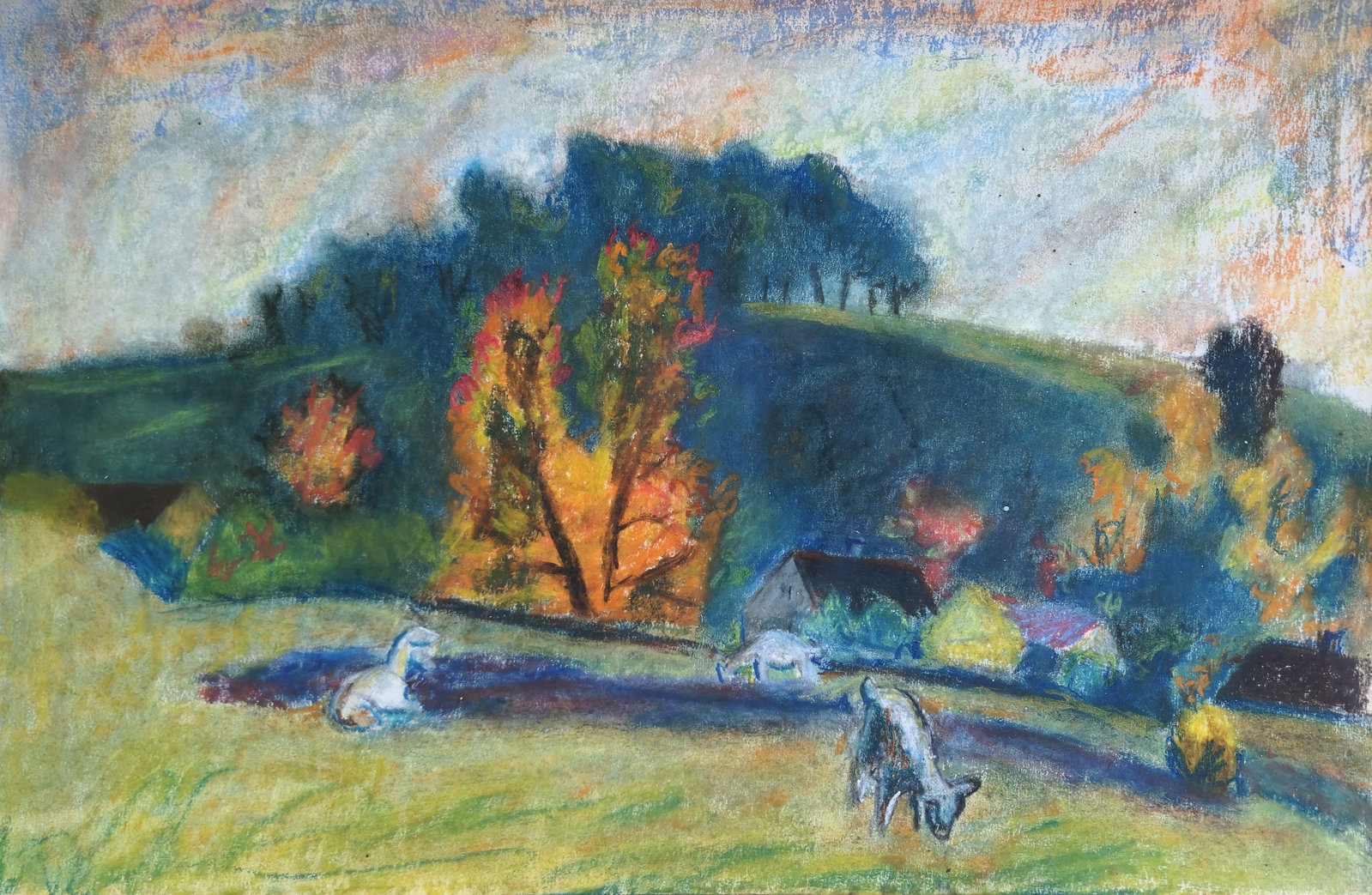 Lah Rostislav (Ukrainian artist), "Goats in the pasture", tempera on paper: Title: Lah Rostislav (Ukrainian artist), "Goats in the pasture", tempera on paper Description: ARTIST: Lah Rostislav Ivanovich, Ukrainian artist TITLE: "Goats in the pasture" SIZE: 30 x 48 cm, (11