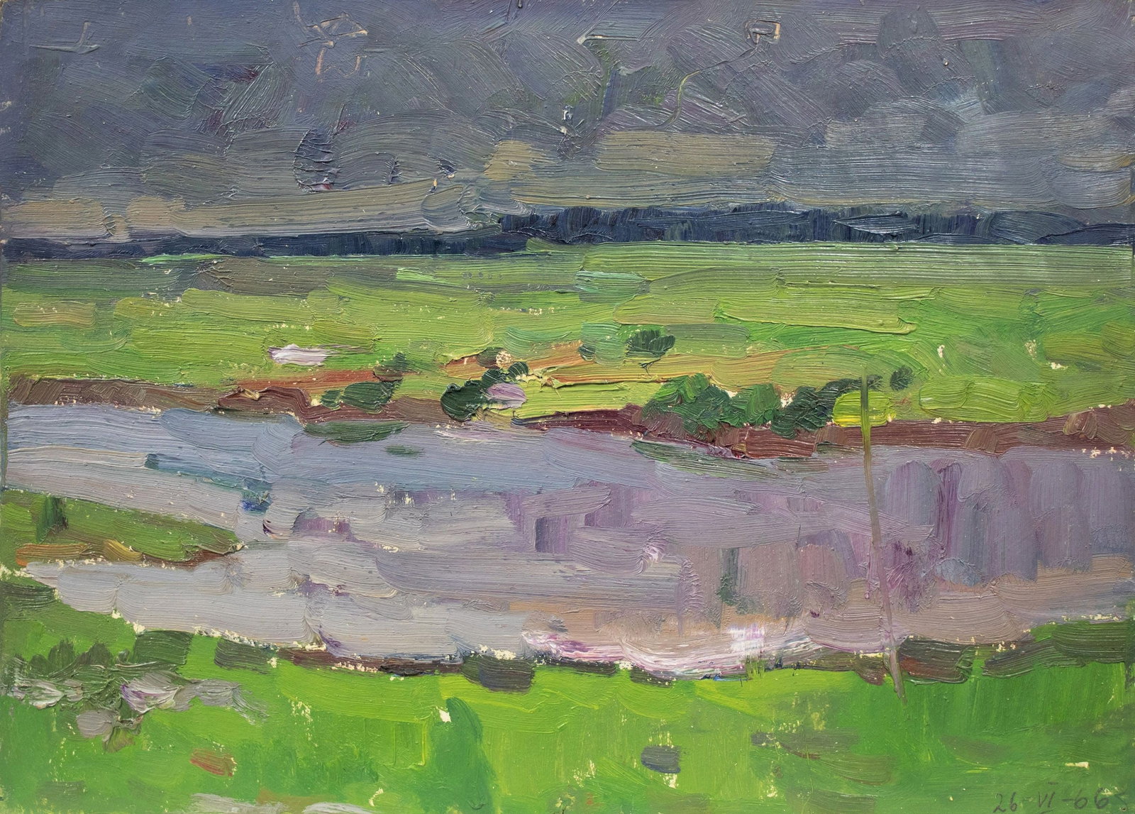 Tyukha Ivan (Ukrainian artist), "Lake. Before the storm", oil on cardboard: Title: Tyukha Ivan (Ukrainian artist), "Lake. Before the storm", oil on cardboard Description: ARTIST: Tyukha Ivan Andriyovich, Ukrainian artist TITLE: "Lake. Before the storm" SIZE: 34 x 48 cm, (13