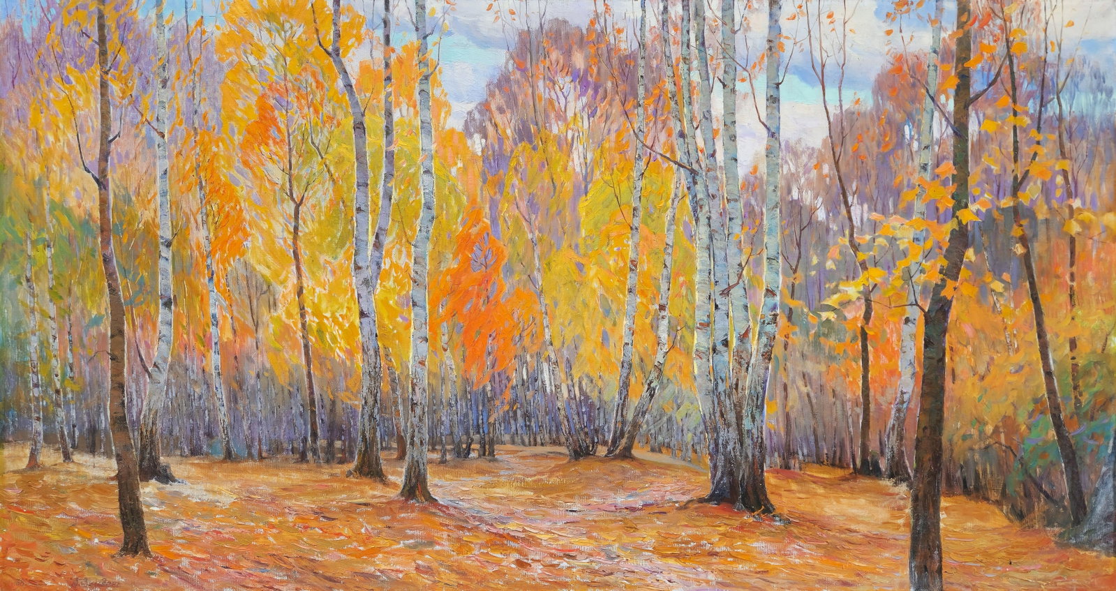 Zlyden Yuryi (Ukrainian artist), "October", oil on canvas: Title: Zlyden Yuryi (Ukrainian artist), "October", oil on canvas Description: ARTIST: Zlyden Yuryi Fedorovich, Ukrainian artist TITLE: "October" SIZE: 97 x 180 cm, (38 1/4 x 70 3/4 in.) MEDIUM: oil on