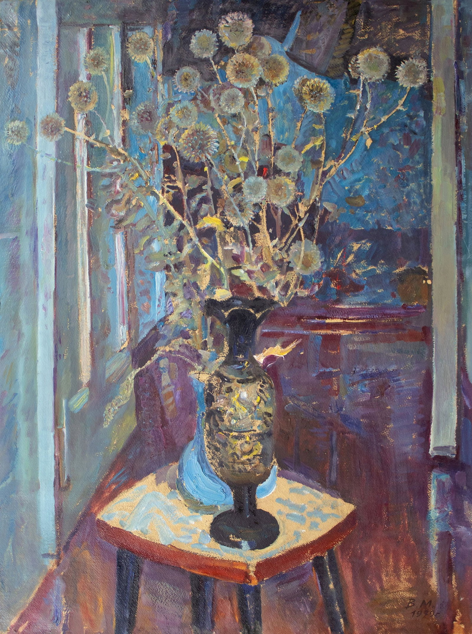 Makatukha Vasyl (Ukrainian artist), "Vase on a stool", oil on cardboard: Title: Makatukha Vasyl (Ukrainian artist), "Vase on a stool", oil on cardboard Description: ARTIST: Makatukha Vasyl Ivanovich, Ukrainian artist TITLE: "Vase on a stool" SIZE: 75 x 50 cm, (29 2/4 x 19