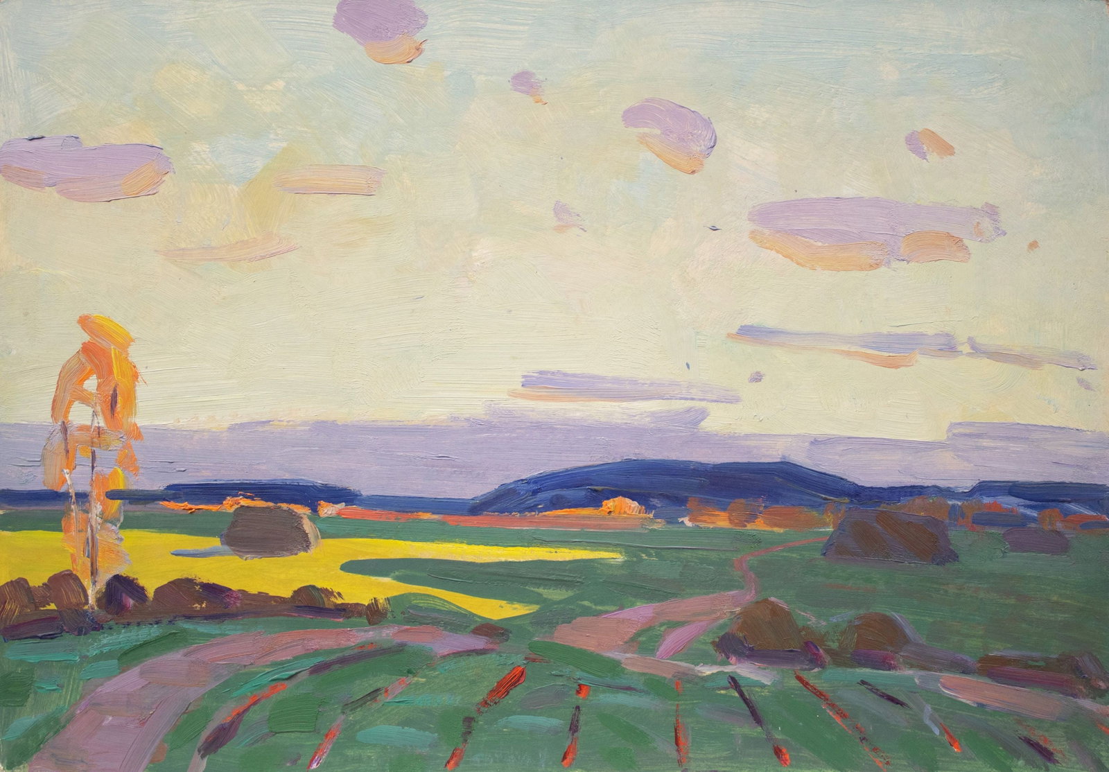 Tyukha Ivan (Ukrainian artist), "In field", oil on cardboard: Title: Tyukha Ivan (Ukrainian artist), "In field", oil on cardboard Description: ARTIST: Tyukha Ivan Andriyovich, Ukrainian artist TITLE: "In field" SIZE: 35 x 50 cm, (13 3/4 x 19 3/4 in.) MEDIUM: oil