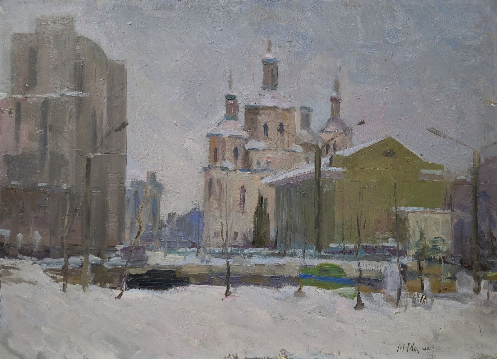 Marinich Mykola (Ukrainian artist), "Sumi city in winter", oil on cardboard: Title: Marinich Mykola (Ukrainian artist), "Sumi city in winter", oil on cardboard Description: ARTIST: Marinich Mykola Yakovich, Ukrainian artist TITLE: "Sumi city in winter" SIZE: 50 x 69 cm, (19