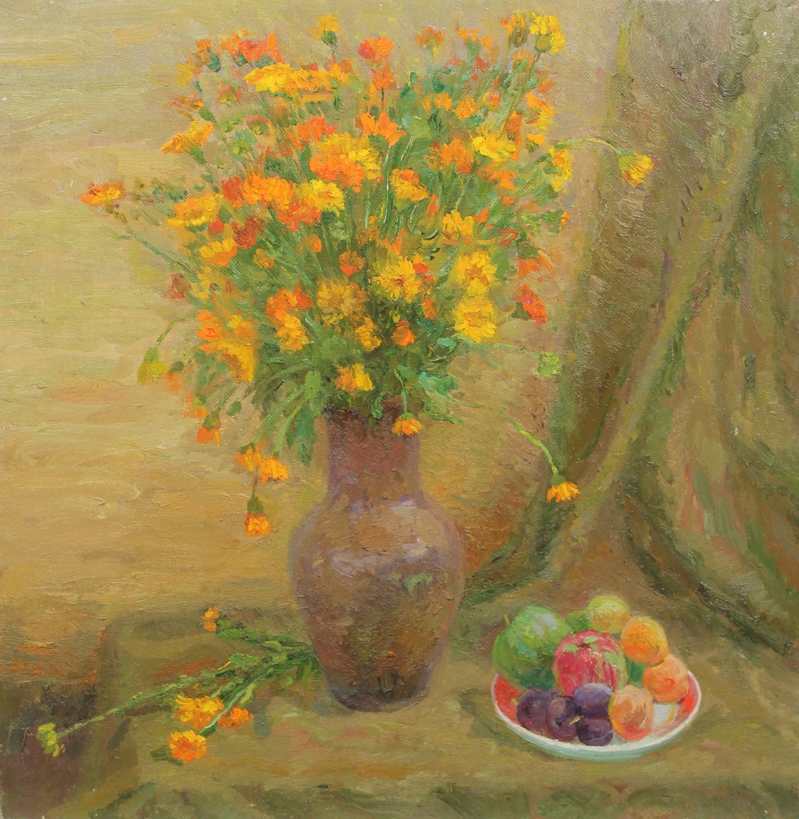 Mynka Olexandr (Ukrainian artist), "Yellow flowers", oil on canvas: Title: Mynka Olexandr (Ukrainian artist), "Yellow flowers", oil on canvas Description: ARTIST: Mynka Olexandr Fedorovich, Ukrainian artist TITLE: "Yellow flowers" SIZE: 66 x 66 cm, (26 x 26 in.) MEDIU