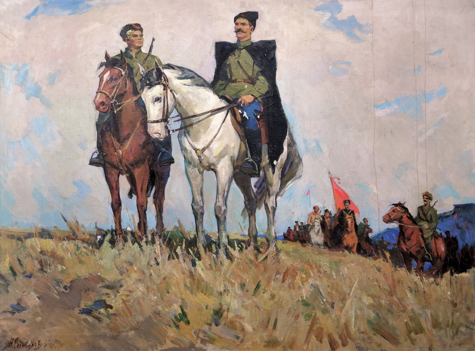 Sologubov Mykola (Ukrainian artist), "Chapaev", oil on canvas: Title: Sologubov Mykola (Ukrainian artist), "Chapaev", oil on canvas Description: ARTIST: Sologubov Mykola Vasylyovich, Ukrainian artist TITLE: "Chapaev" SIZE: 119 x 160 cm, (46 3/4 x 63 in.) MEDIUM: