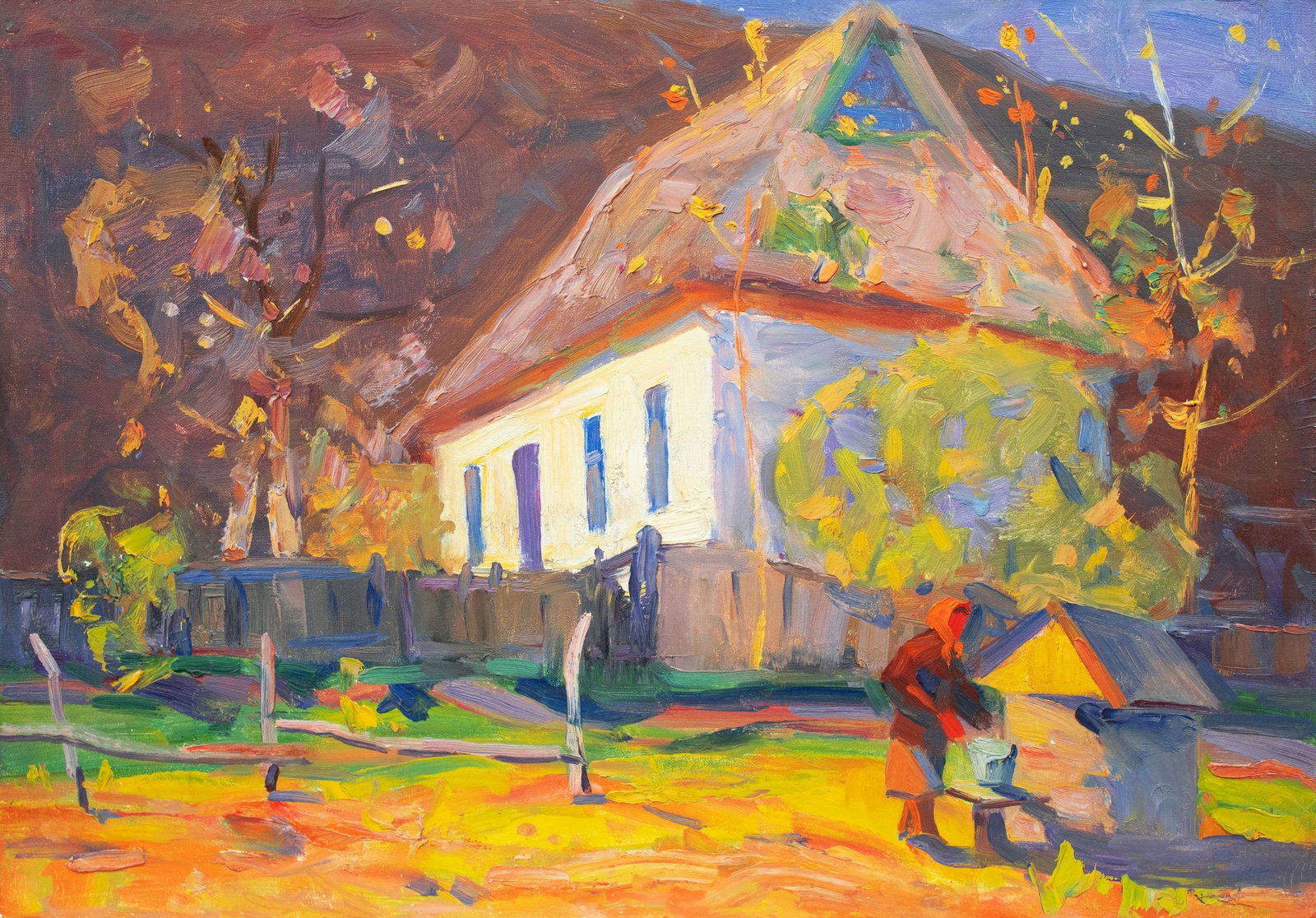 Tyukha Ivan (Ukrainian artist), "At the well", oil on cardboard: Title: Tyukha Ivan (Ukrainian artist), "At the well", oil on cardboard Description: ARTIST: Tyukha Ivan Andriyovich, Ukrainian artist TITLE: "At the well" SIZE: 35 x 50 cm, (13 3/4 x 19 3/4 in.)