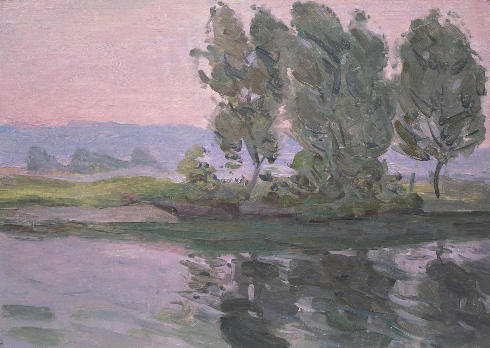 Tyukha Ivan (Ukrainian artist), "Twilight over the river", oil on cardboard: Title: Tyukha Ivan (Ukrainian artist), "Twilight over the river", oil on cardboard Description: ARTIST: Tyukha Ivan Andriyovich, Ukrainian artist TITLE: "Twilight over the river" SIZE: 35 x 50 cm, (13