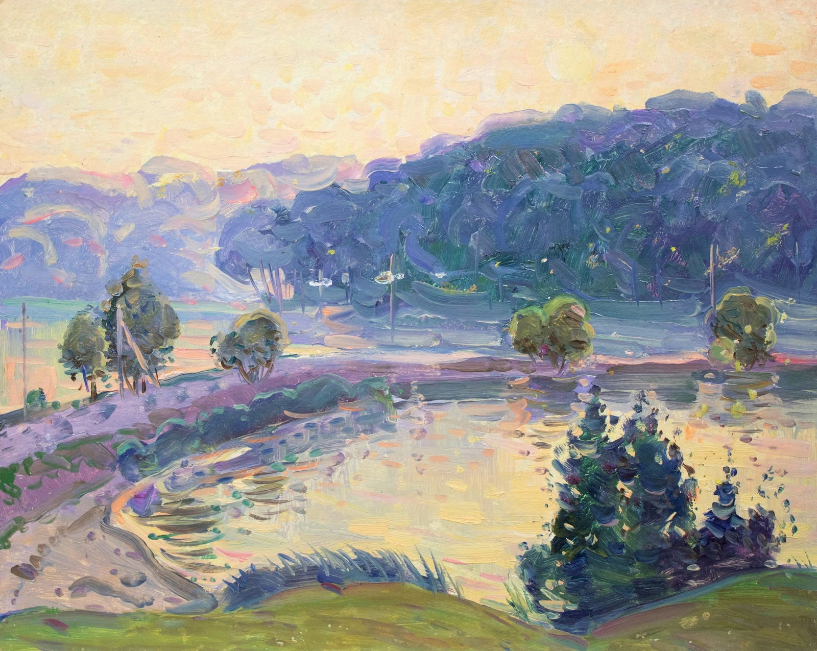 Tyukha Ivan (Ukrainian artist), "Pond", oil on cardboard: Title: Tyukha Ivan (Ukrainian artist), "Pond", oil on cardboard Description: ARTIST: Tyukha Ivan Andriyovich, Ukrainian artist TITLE: "Pond" SIZE: 40 x 50 cm, (15 3/4 x 19 3/4 in.) MEDIUM: oil on card