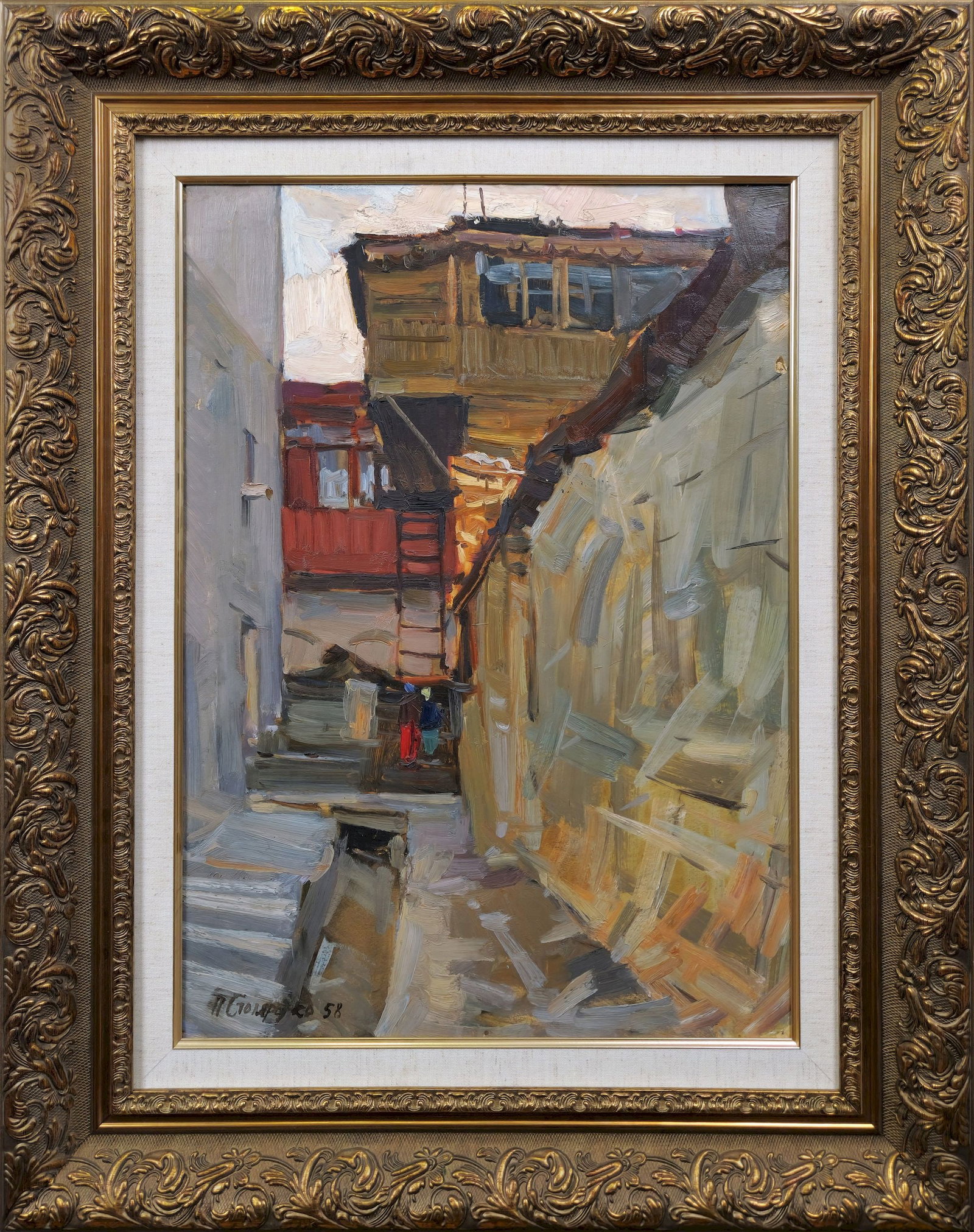 Stolyarenko Petro (Ukrainian artist), "Street in Gurzuf", oil on cardboard: Title: Stolyarenko Petro (Ukrainian artist), "Street in Gurzuf", oil on cardboard Description: ARTIST: Stolyarenko Petro Kuzmich, Ukrainian artist TITLE: "Street in Gurzuf" SIZE: 60 x 42 cm, (23 2/4 x