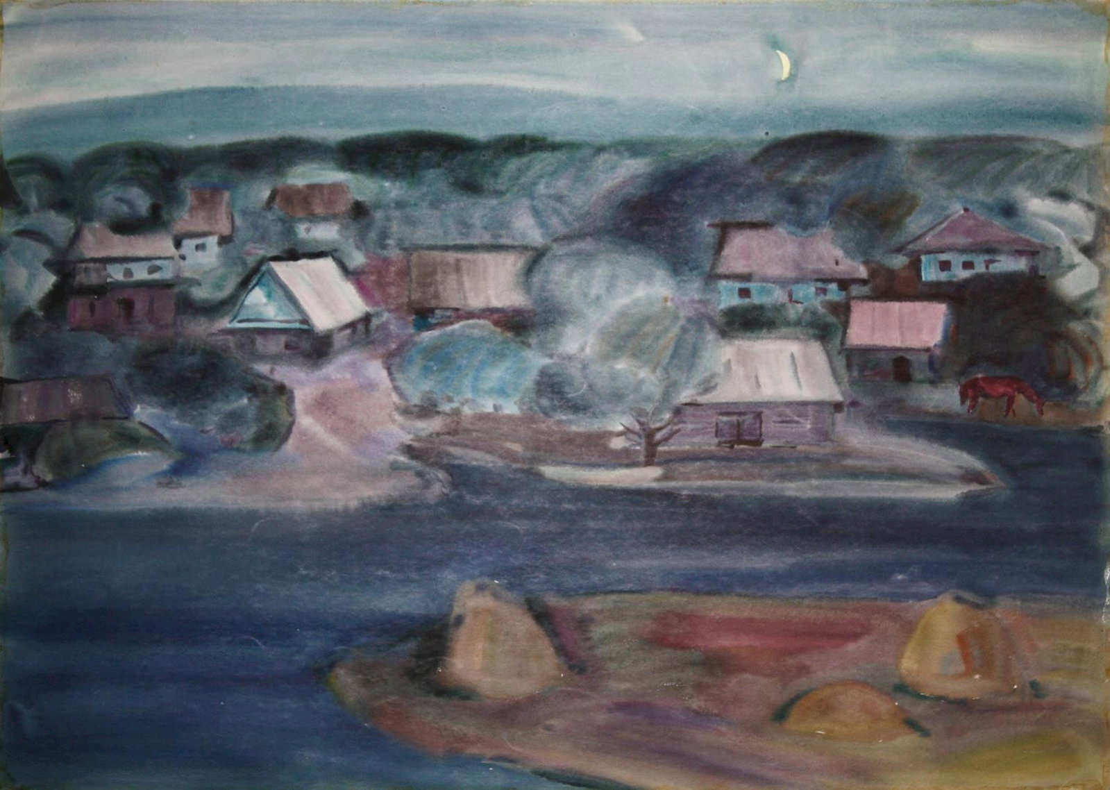 Kirilkov Valentin (Ukrainian artist), "The village by the river", watercolor on paper: Title: Kirilkov Valentin (Ukrainian artist), "The village by the river", watercolor on paper Description: ARTIST: Kirilkov Valentin Feodosievich, Ukrainian artist TITLE: "The village by the river" SIZ