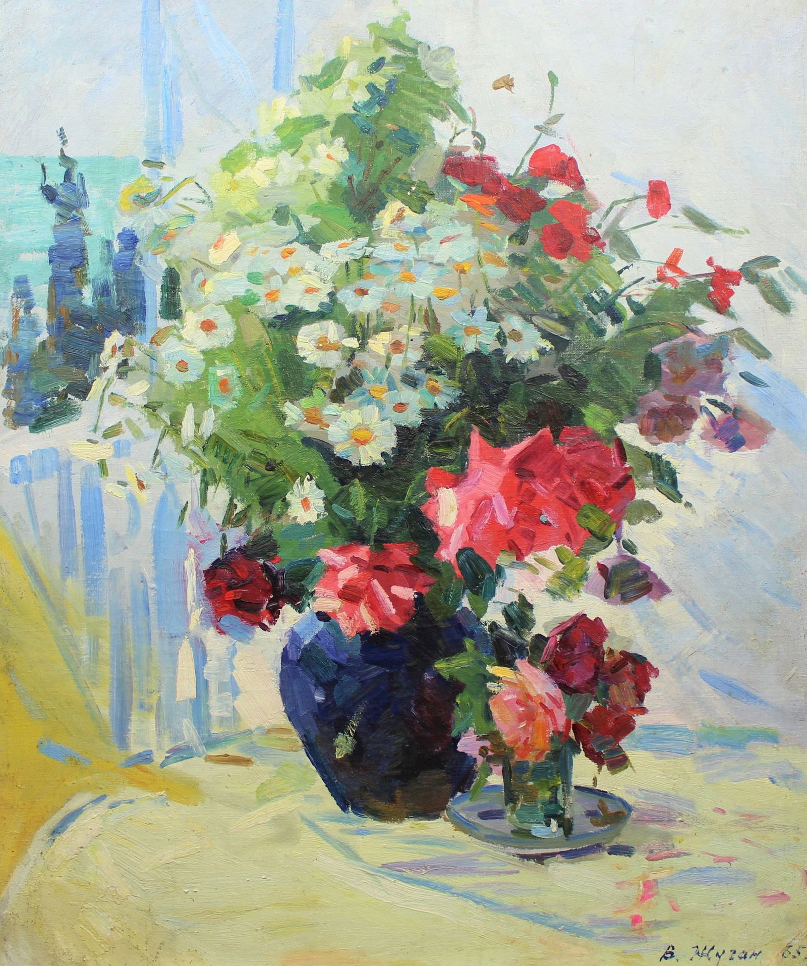 Zhugan Volodymyr (Ukrainian artist), "Flowers", oil on canvas: Title: Zhugan Volodymyr (Ukrainian artist), "Flowers", oil on canvas Description: ARTIST: Zhugan Volodymyr Oleksandrovych, Ukrainian artist TITLE: "Flowers" SIZE: 88 x 73 cm, (34 3/4 x 28 3/4 in.) MED