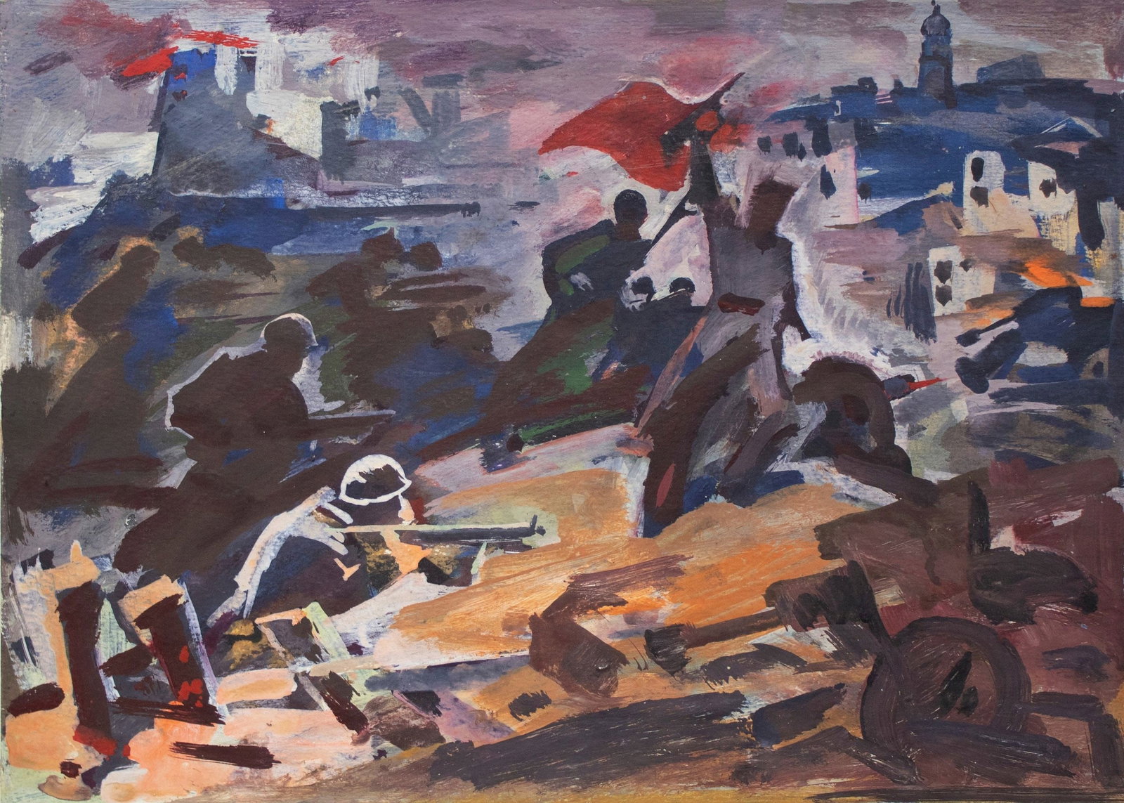 Unidentified (Ukrainian artist), "Attack", oil on cardboard: Title: Unidentified (Ukrainian artist), "Attack", oil on cardboard Description: ARTIST: Unidentified Artist TITLE: "Attack" SIZE: 28 x 39 cm, (11 x 15 1/4 in.) MEDIUM: oil on cardboard YEAR OF