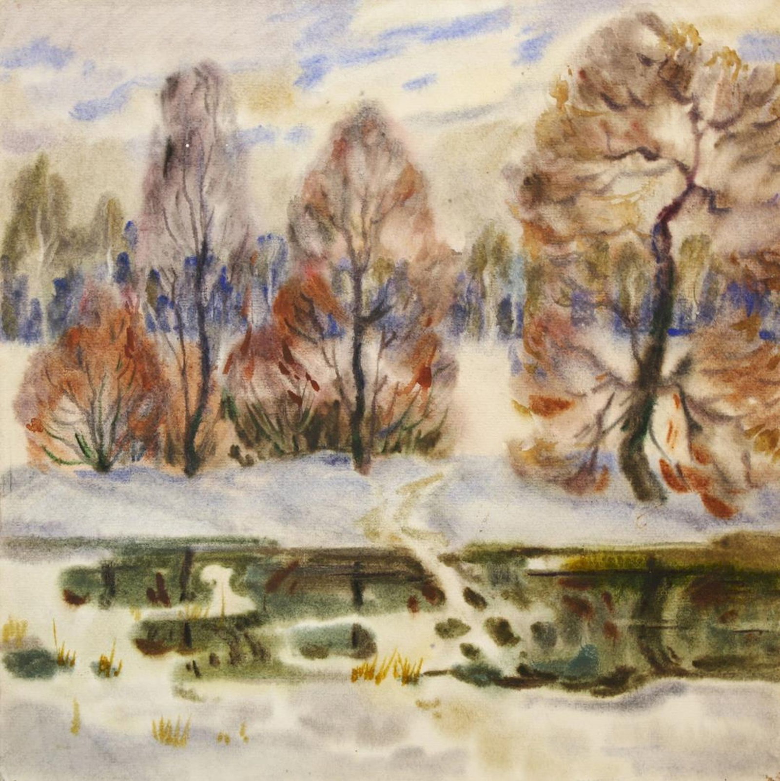 Unidentified (Ukrainian artist), "Winter landscape", sanguine on paper: Title: Unidentified (Ukrainian artist), "Winter landscape", sanguine on paper Description: ARTIST: Unidentified Artist TITLE: "Winter landscape" SIZE: 40 x 40 cm, (15 3/4 x 15 3/4 in.) MEDIUM: sanguin
