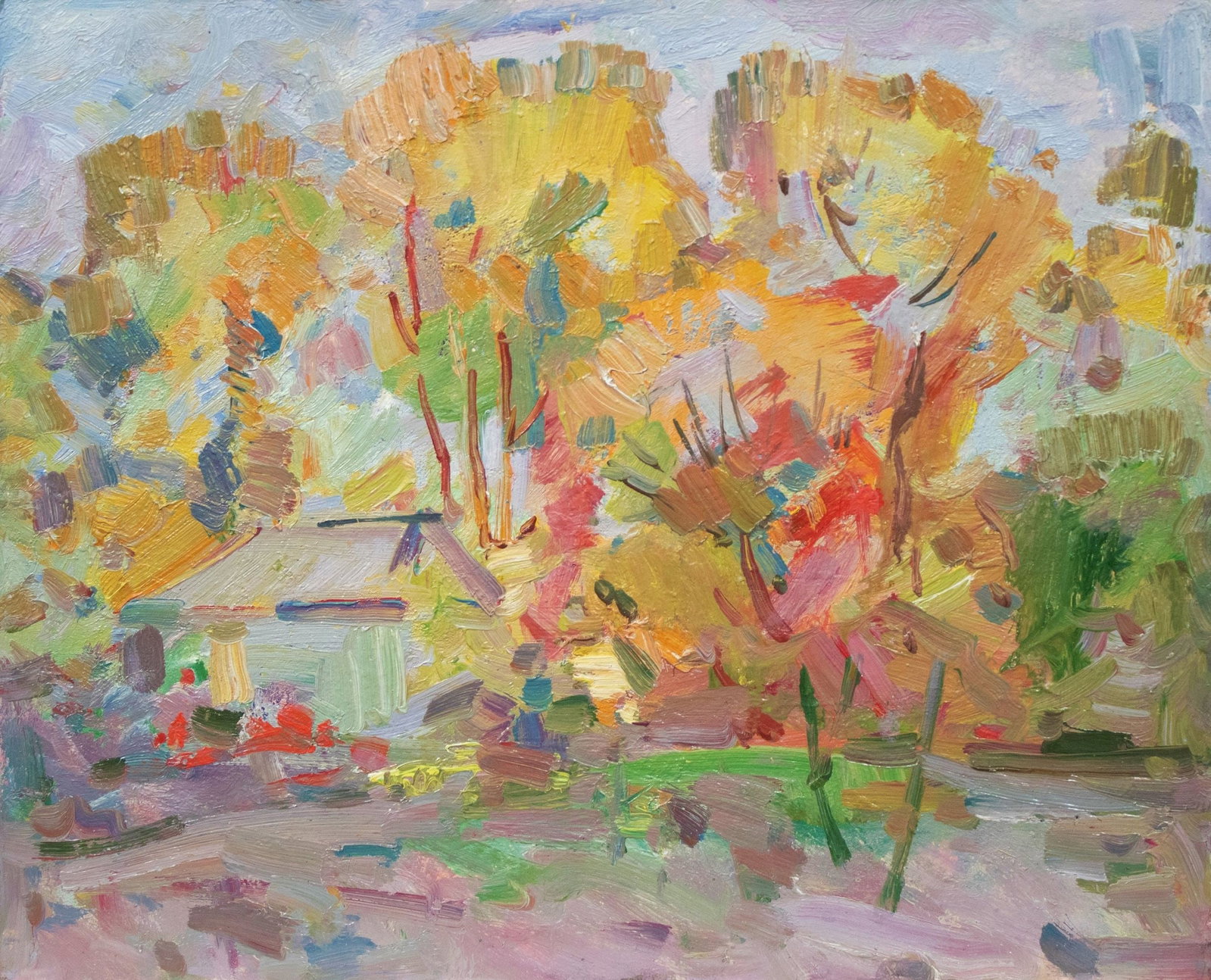 Tyukha Ivan (Ukrainian artist), "Autumn colors", oil on cardboard: Title: Tyukha Ivan (Ukrainian artist), "Autumn colors", oil on cardboard Description: ARTIST: Tyukha Ivan Andriyovich, Ukrainian artist TITLE: "Autumn colors" SIZE: 42 x 51 cm, (16 2/4 x 20 in.)