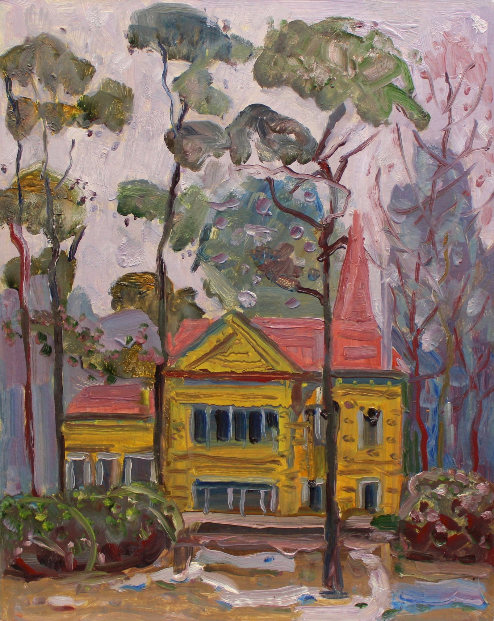Tyukha Ivan (Ukrainian artist), "A house with a red roof", oil on cardboard: Title: Tyukha Ivan (Ukrainian artist), "A house with a red roof", oil on cardboard Description: ARTIST: Tyukha Ivan Andriyovich, Ukrainian artist TITLE: "A house with a red roof" SIZE: 50 x 40 cm, (19
