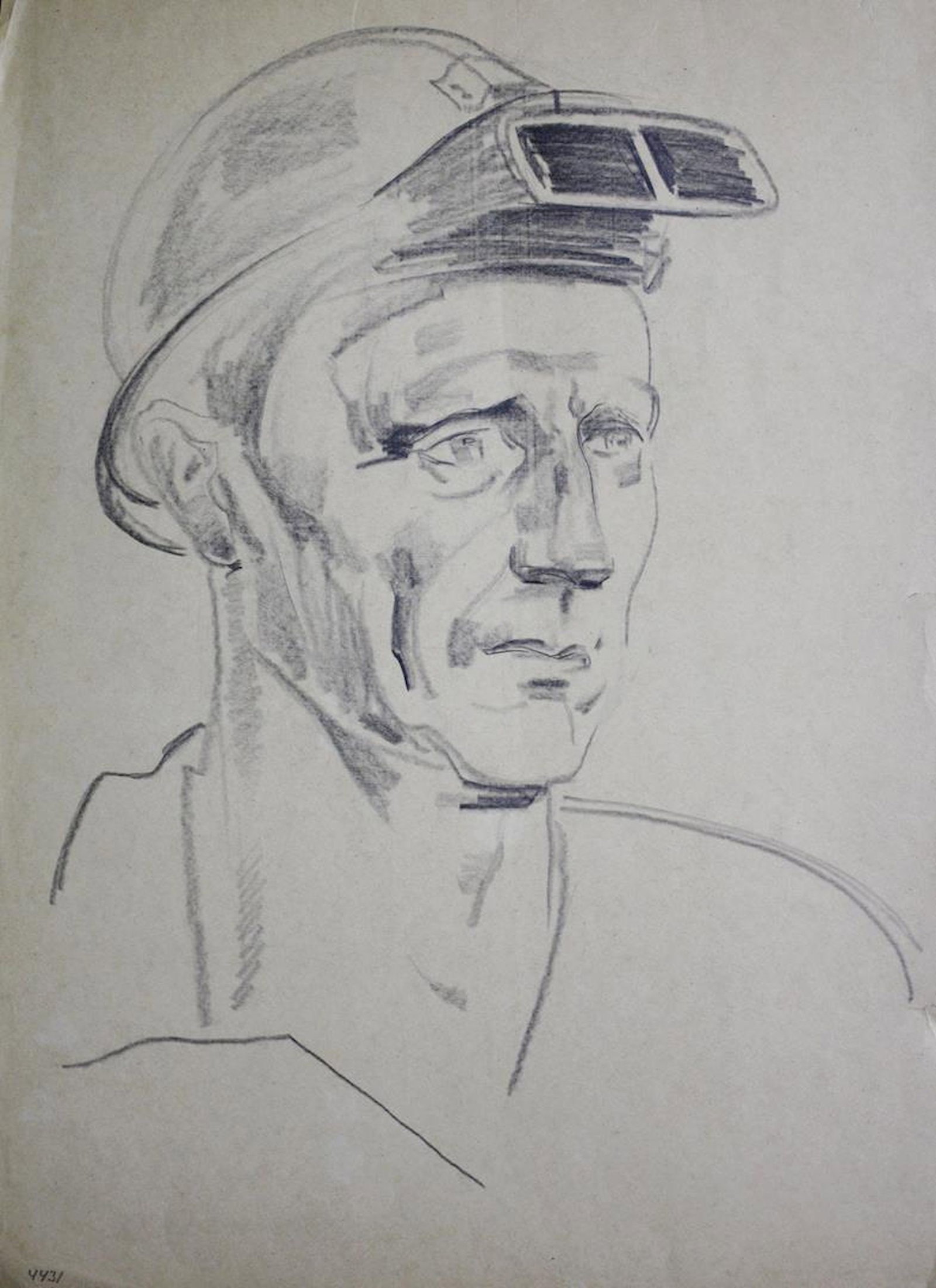 Mynka Olexandr (Ukrainian artist), "A man in a helmet. Welder", pencil on paper (1 of 2)