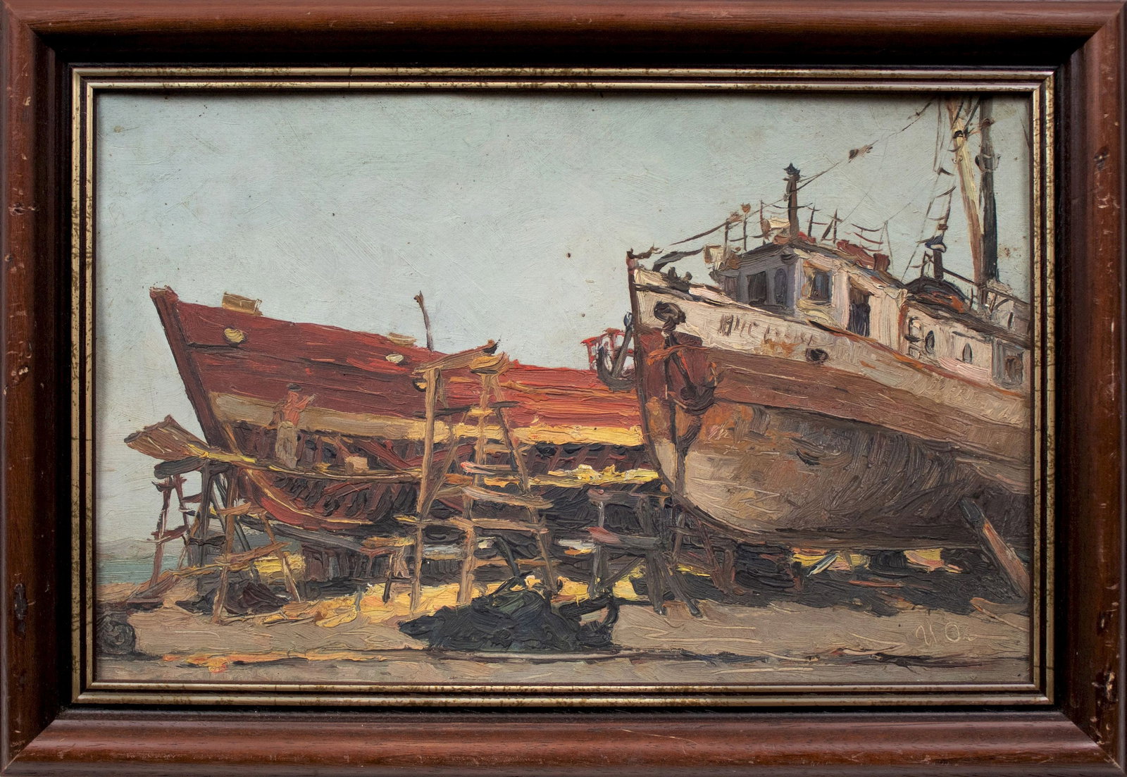 Olishevich Ivan (Ukrainian artist), "Boats", oil on cardboard: Title: Olishevich Ivan (Ukrainian artist), "Boats", oil on cardboard Description: ARTIST: Olishevich Ivan Prokopovich, Ukrainian artist TITLE: "Boats" SIZE: 26 x 40 cm, (10 1/4 x 15 3/4 in.) MEDIUM: