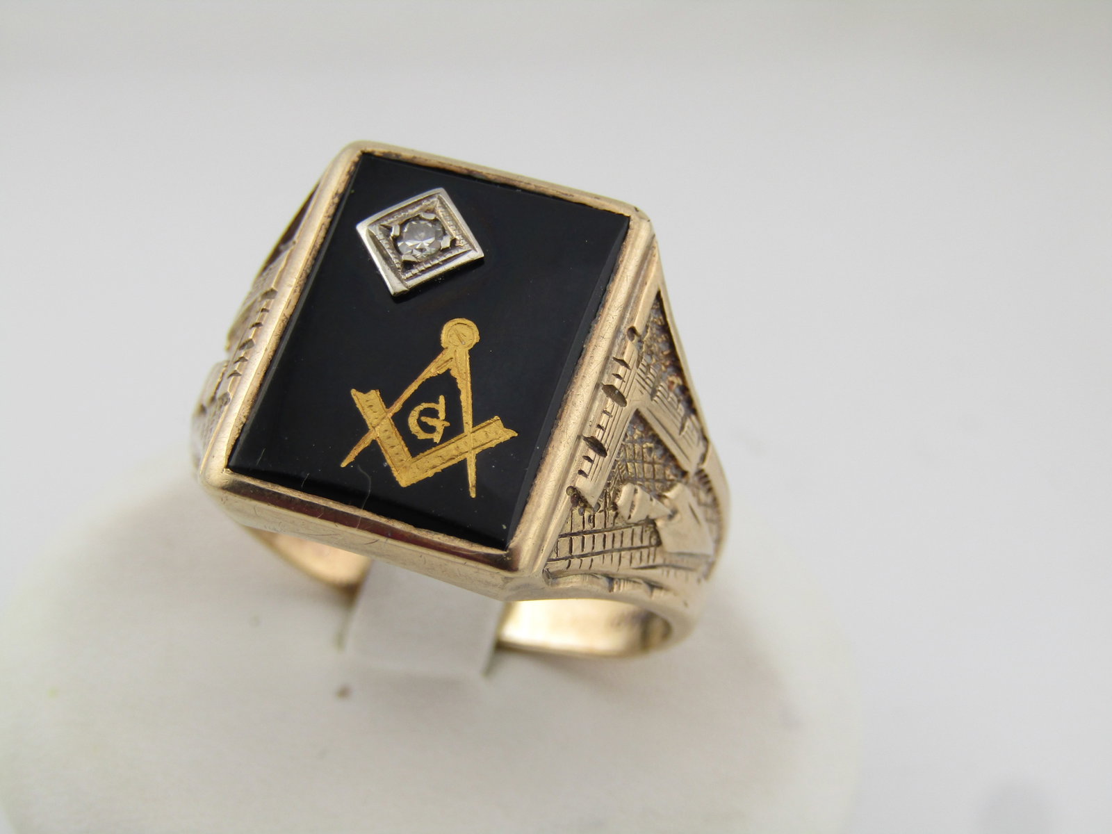 Vintage 10kt Masonic Onyx Diamond Ring, Sz. 12, Signed Hallmark, 1940's-1950's - 2