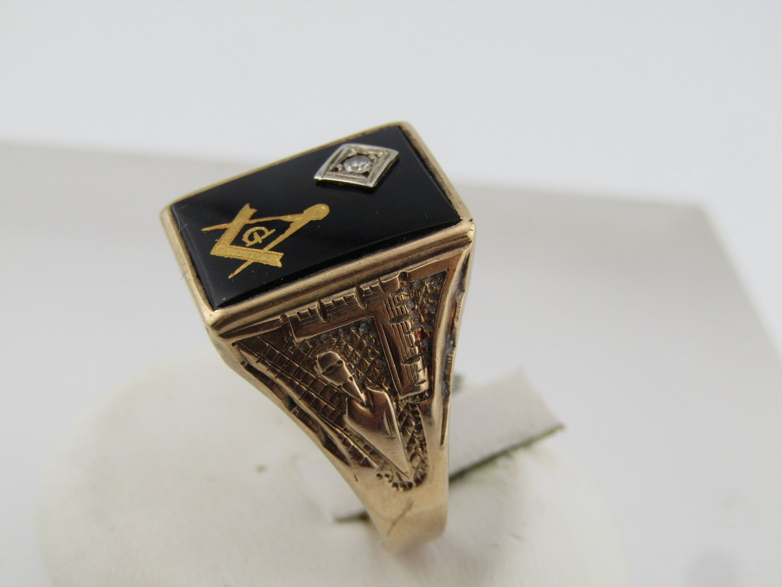 Vintage 10kt Masonic Onyx Diamond Ring, Sz. 12, Signed Hallmark, 1940's-1950's - 3