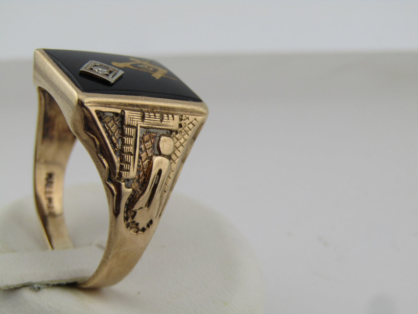 Vintage 10kt Masonic Onyx Diamond Ring, Sz. 12, Signed Hallmark, 1940's-1950's - 4