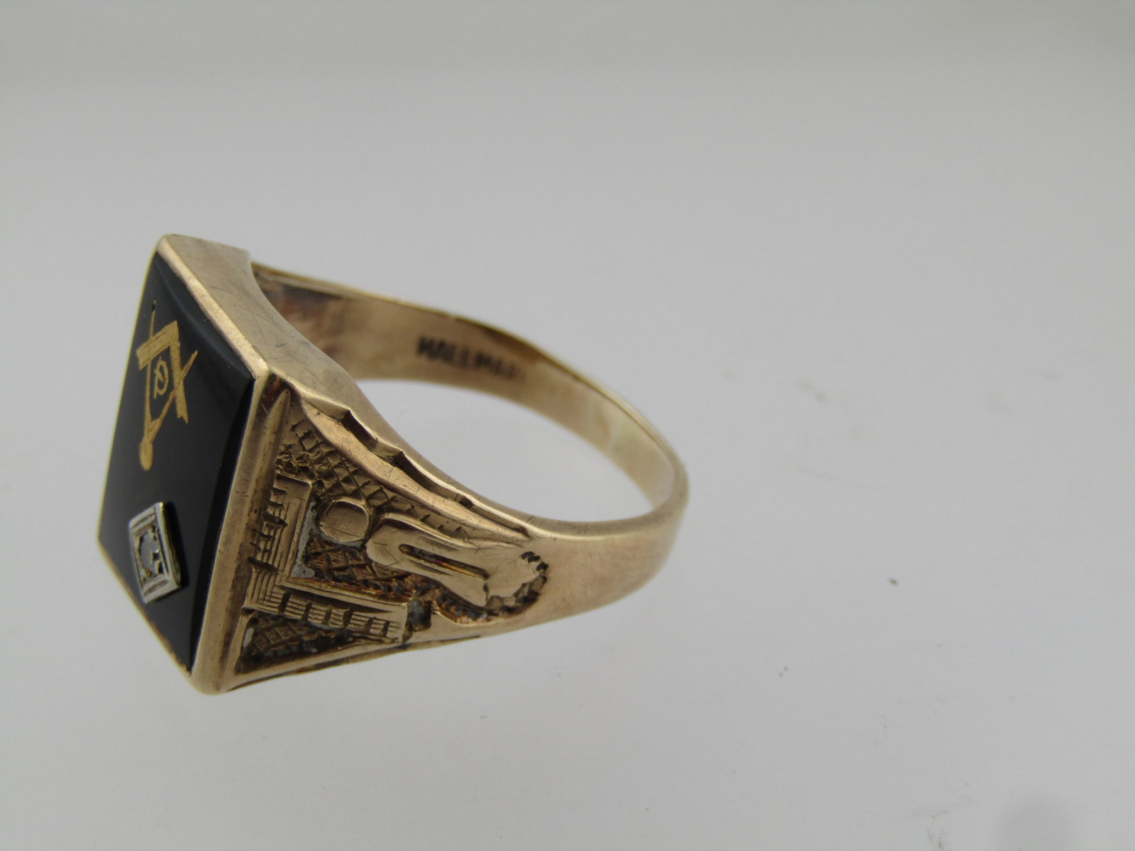 Vintage 10kt Masonic Onyx Diamond Ring, Sz. 12, Signed Hallmark, 1940's-1950's - 5