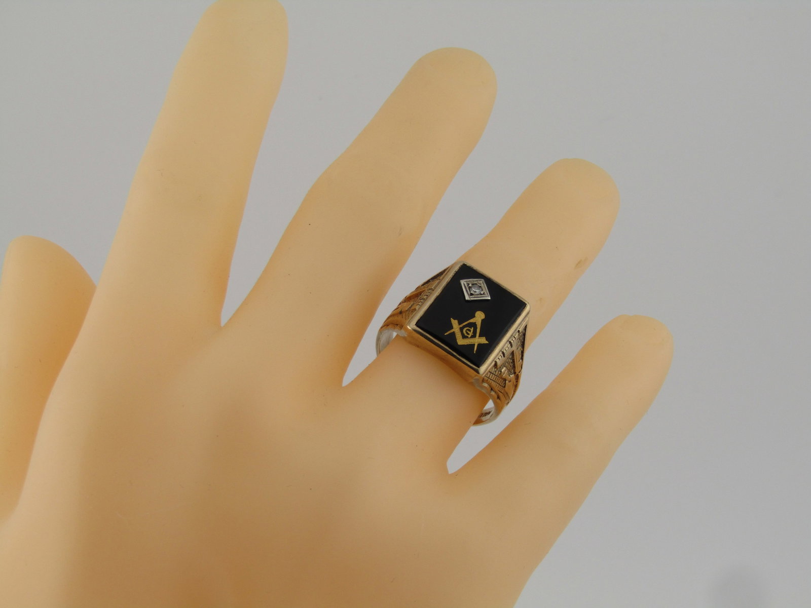 Vintage 10kt Masonic Onyx Diamond Ring, Sz. 12, Signed Hallmark, 1940's-1950's - 8
