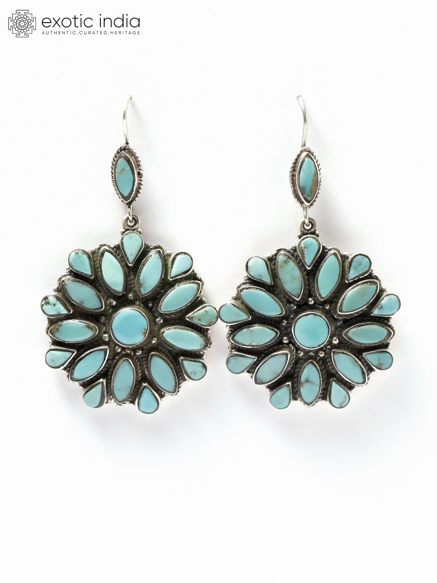 Flower Design Tibetan Turquoise Earrings / Sterling Silver Jewelry (1 of 2)