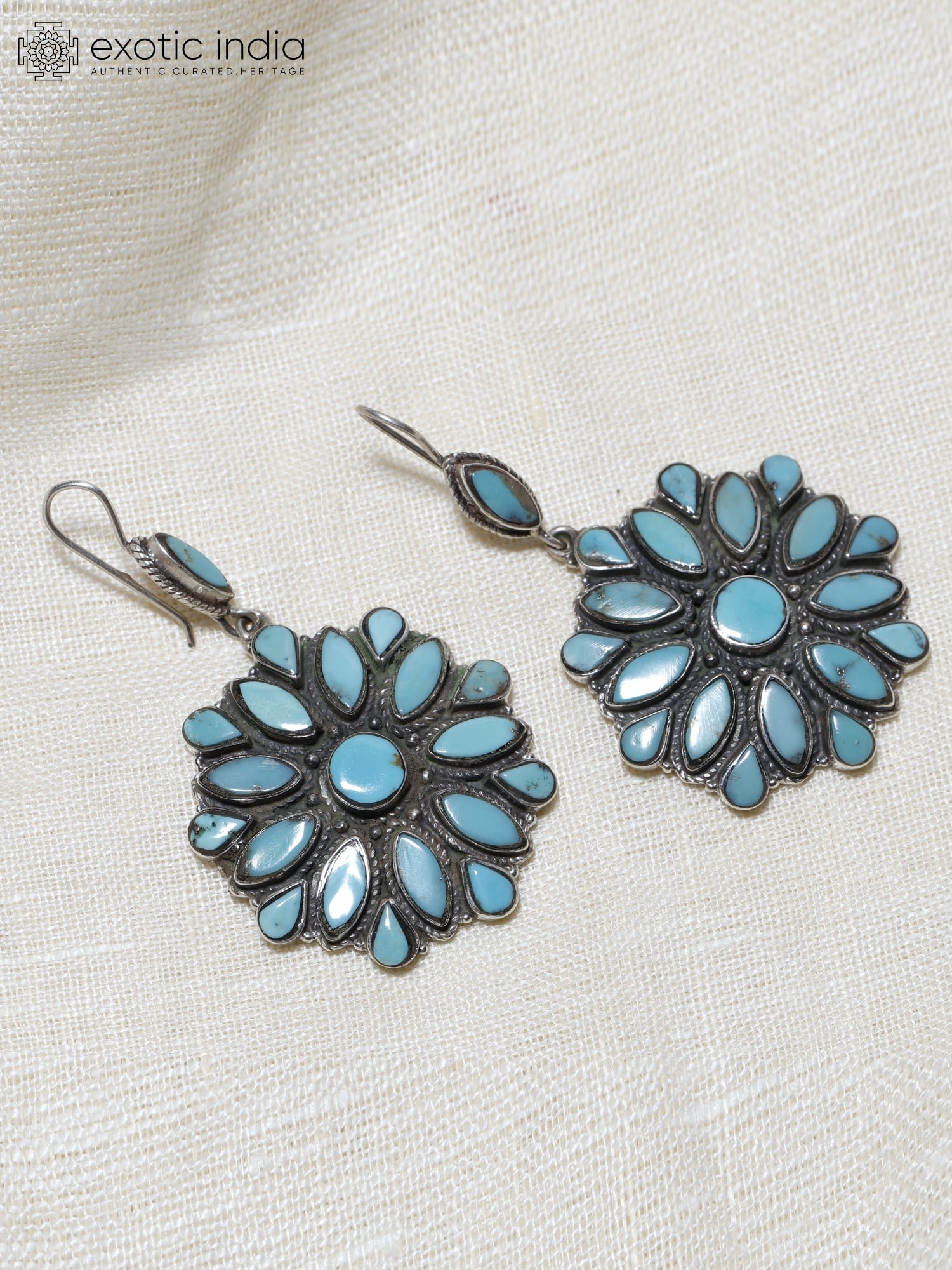 Flower Design Tibetan Turquoise Earrings / Sterling Silver Jewelry - 2